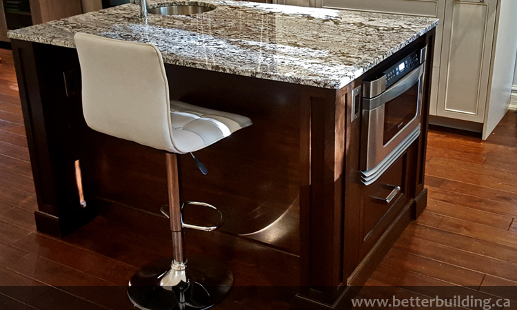 Custom Walnut Island with Microwave Drawer and Seating Area